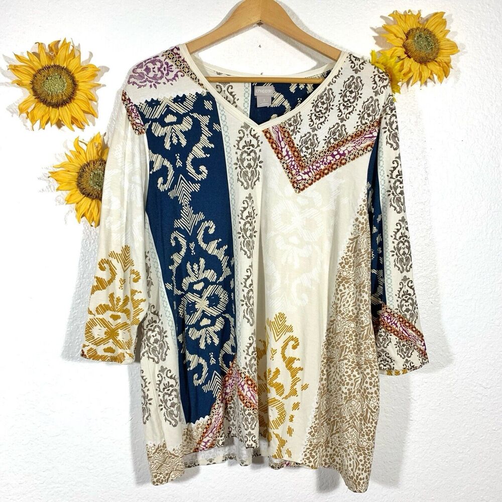 Chico’s Multi-design V-neck 3/4 Sleeved Blouse Size 3 Or XL Womens